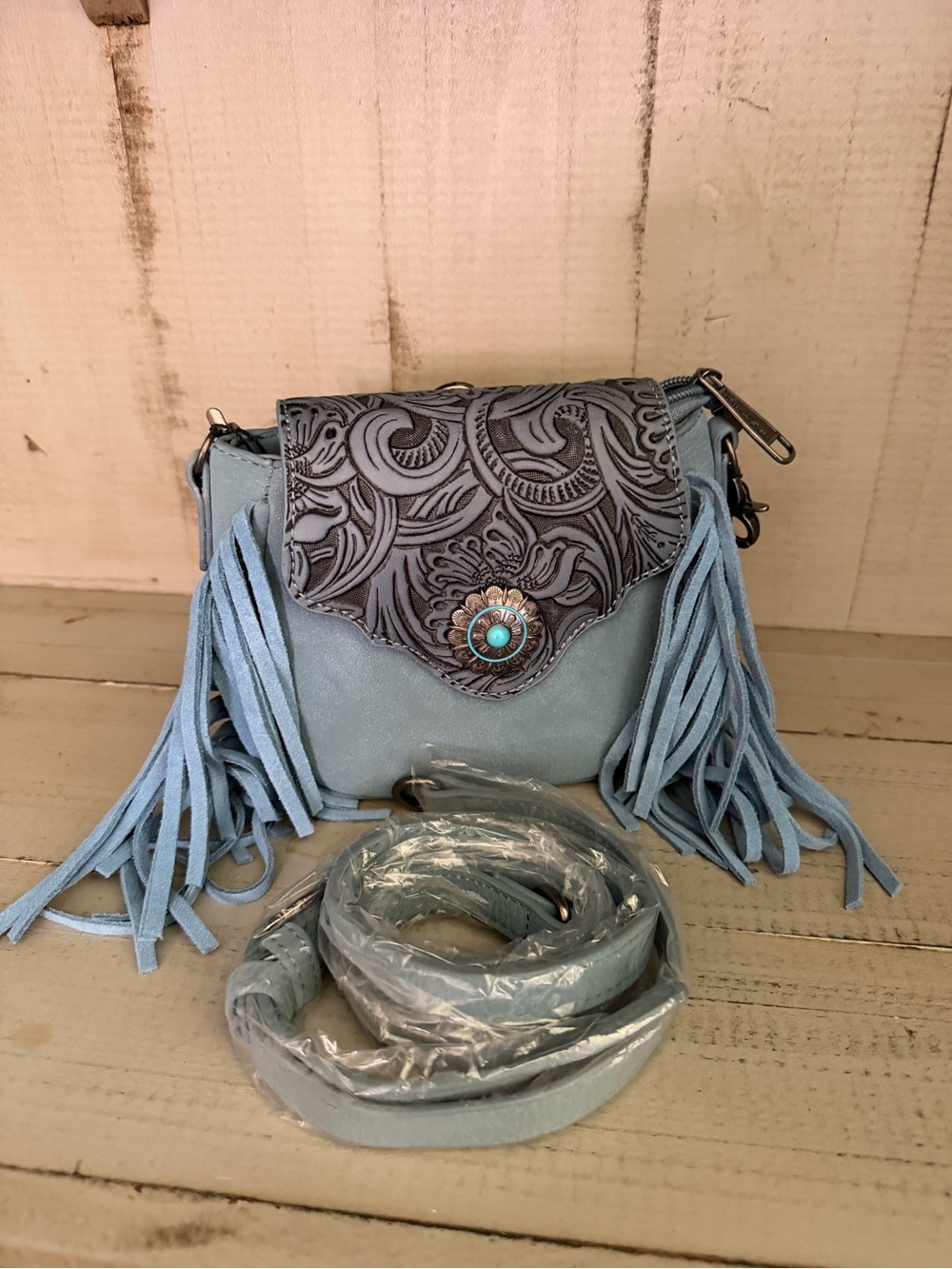 Western Fringe Small Suade Crossbody Bag with Turquoise Concho - Light Blue